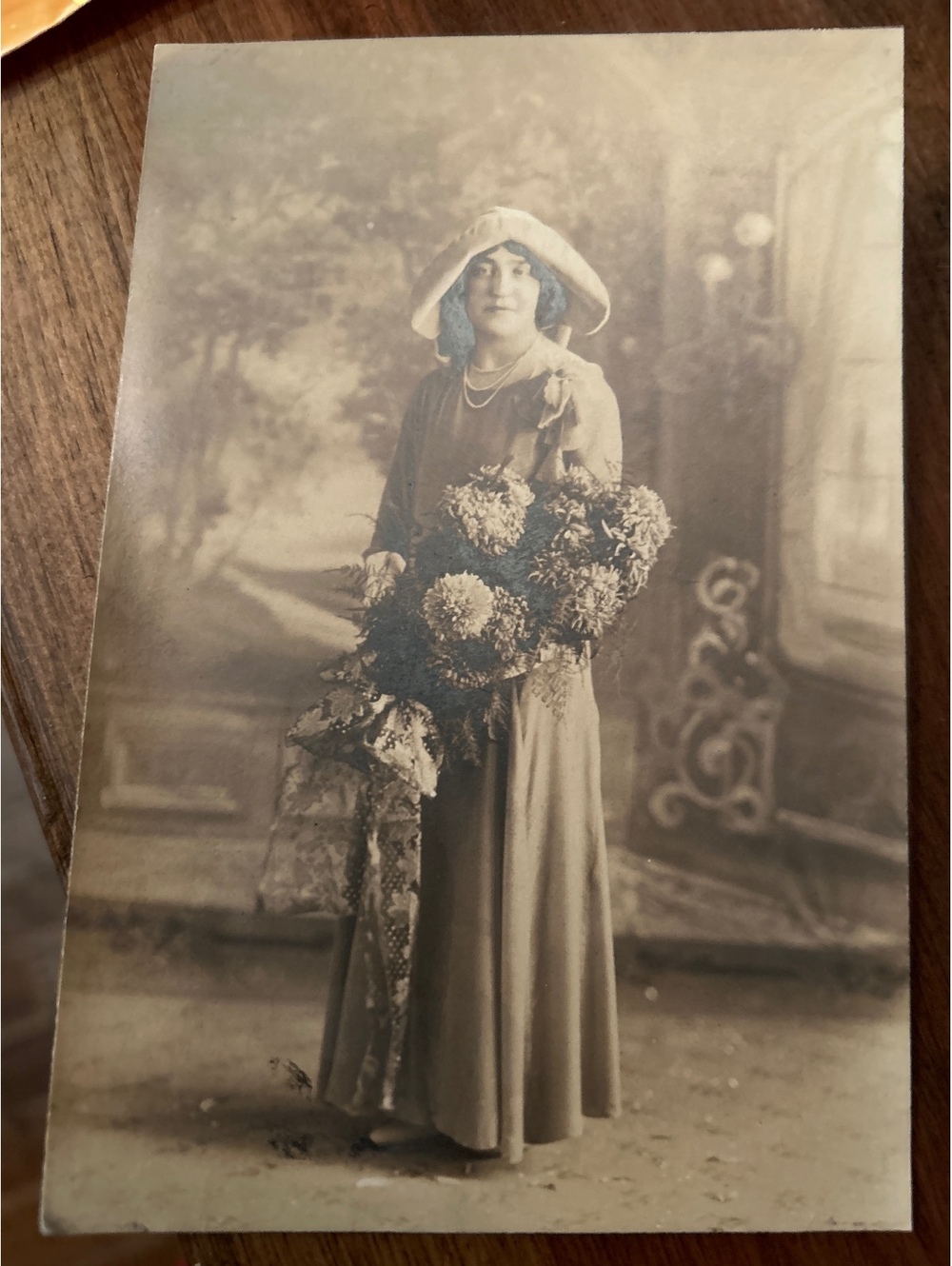 Vintage Early 20th Century Portrait Photograph Woman in Dress with Floral Accent